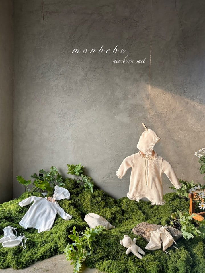 Monbebe - Korean Baby Fashion - #babyboutique - Waffle Body Suit Bonnet Set - 2