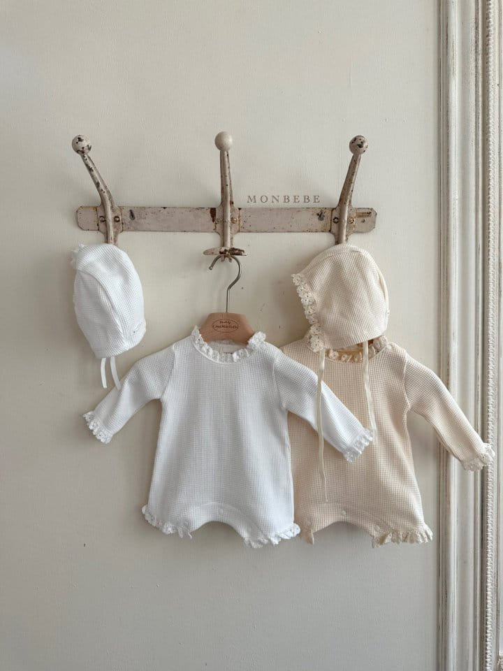 Monbebe - Korean Baby Fashion - #babyboutiqueclothing - Waffle Body Suit Bonnet Set - 4