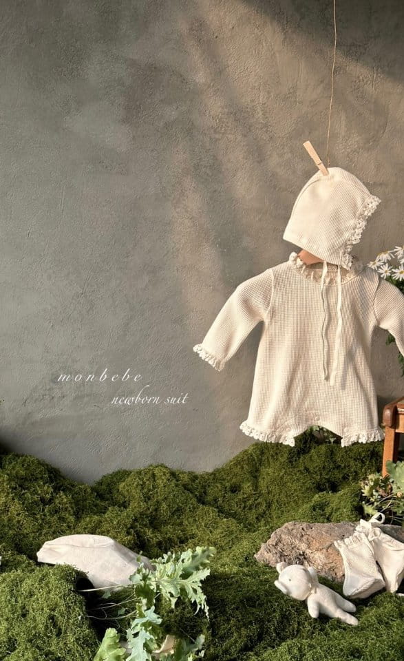 Monbebe - Korean Baby Fashion - #babyfashion - Waffle Body Suit Bonnet Set - 5