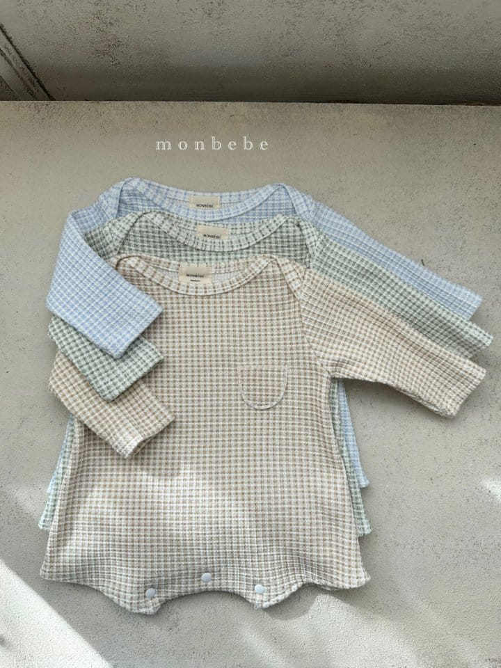 Monbebe - Korean Baby Fashion - #babyoutfit - Check Waffle Body Suit Bonnet Set - 2