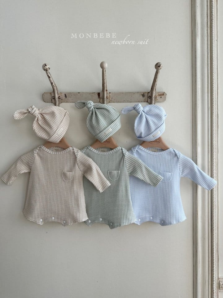 Monbebe - Korean Baby Fashion - #babyoutfit - Check Waffle Body Suit Bonnet Set - 3