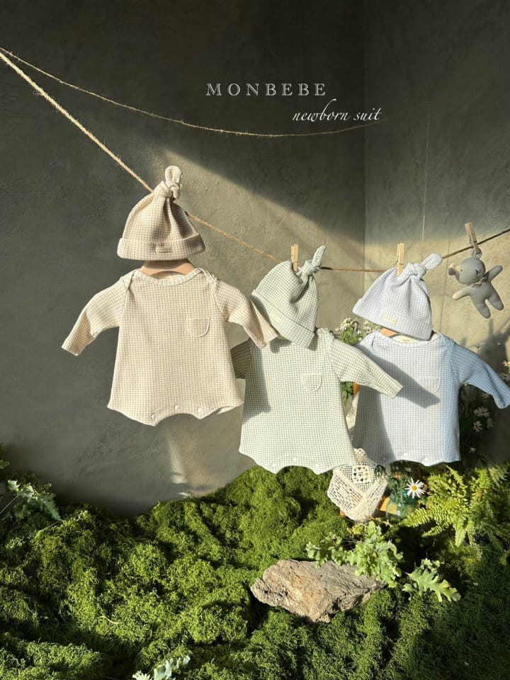Monbebe - Korean Baby Fashion - #babyoutfit - Check Waffle Body Suit Bonnet Set - 4