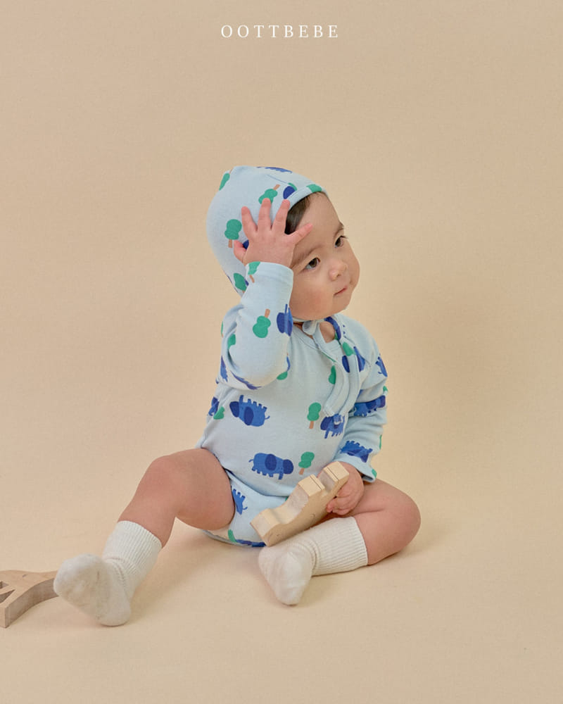Oott Bebe - Korean Baby Fashion - #babyclothing - Elephant Body Suit Bonnet Set - 9