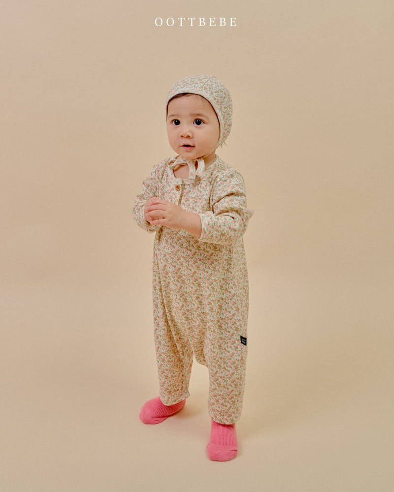Oott Bebe - Korean Baby Fashion - #babyoninstagram - Flower Rib Body Suit Bonnet Set - 2