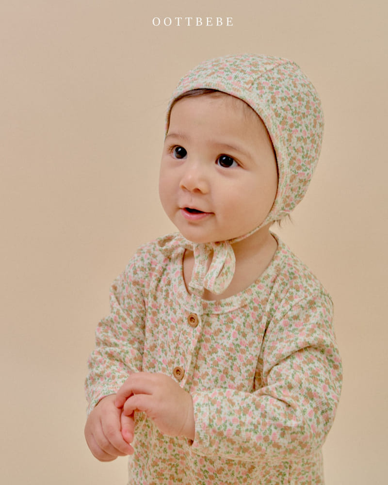 Oott Bebe - Korean Baby Fashion - #babyootd - Flower Rib Body Suit Bonnet Set - 3