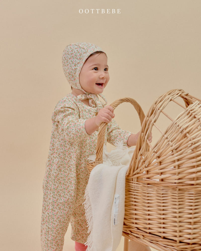 Oott Bebe - Korean Baby Fashion - #babyoutfit - Flower Rib Body Suit Bonnet Set - 5