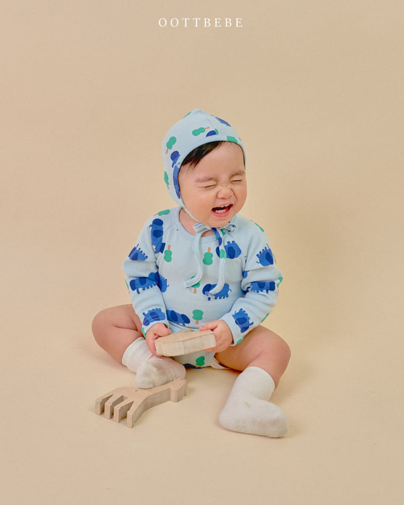 Oott Bebe - Korean Baby Fashion - #babywear - Elephant Body Suit Bonnet Set - 3