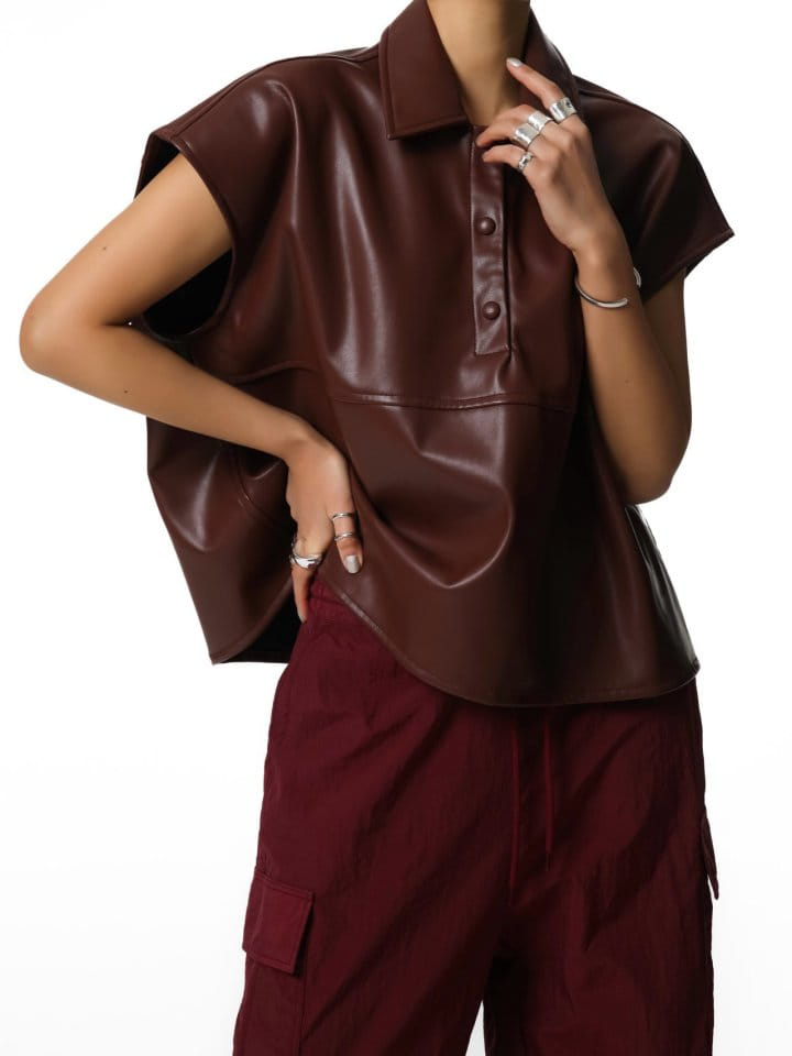 Paper Moon - Korean Women Fashion - #momslook - Vegan Leather Snap Button Detail Cropped Polo Collar Shirt - 8
