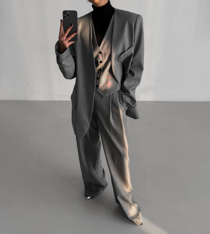 Paper Moon - Korean Women Fashion - #momslook - Sharkskin Fabric Collarless Oversized Set Up Blazer - 6
