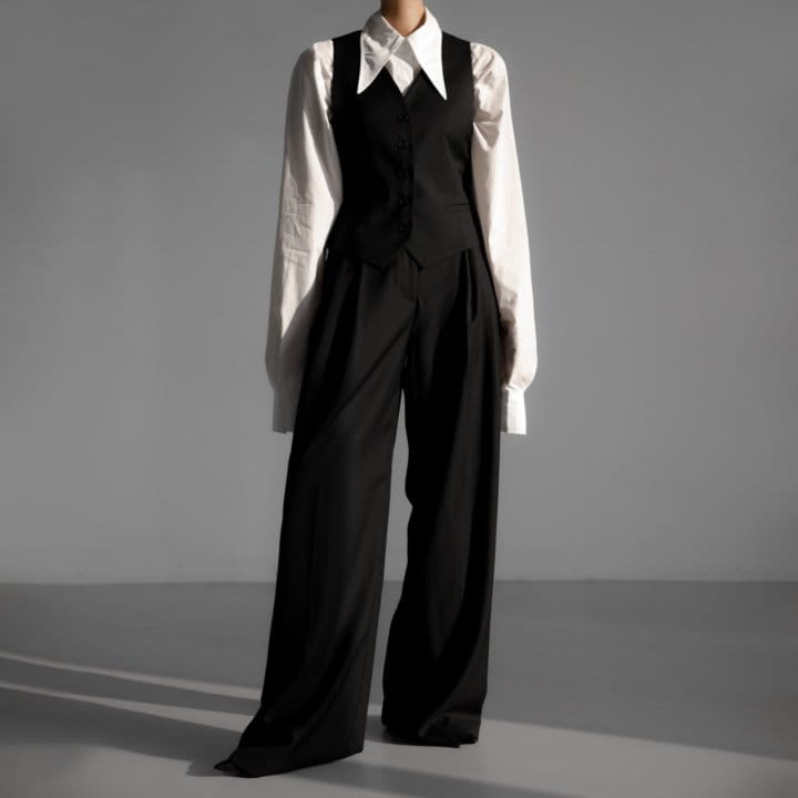 Paper Moon - Korean Women Fashion - #romanticstyle - Sharkskin Fabric Pin Tuck Set Up Wide Trousers - 3
