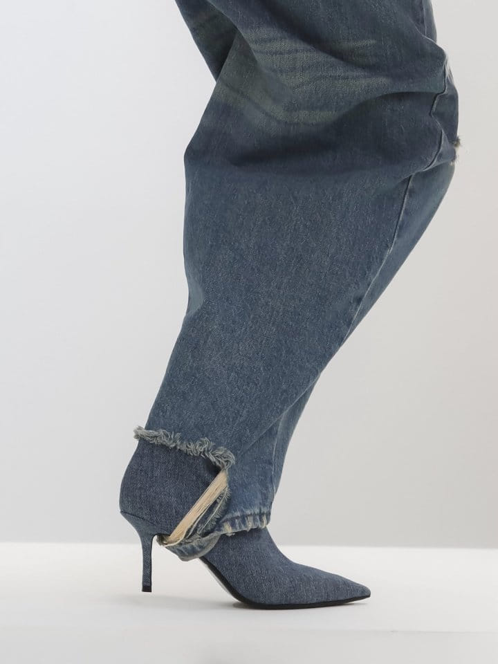 Paper Moon - Korean Women Fashion - #vintagekidsstyle - Vintage Blue Distressed Damage Wash Wide-Leg Jeans  - 3