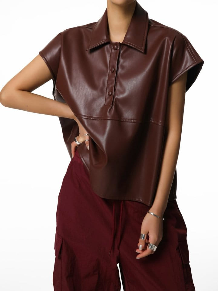 Paper Moon - Korean Women Fashion - #womensfashion - Vegan Leather Snap Button Detail Cropped Polo Collar Shirt - 7