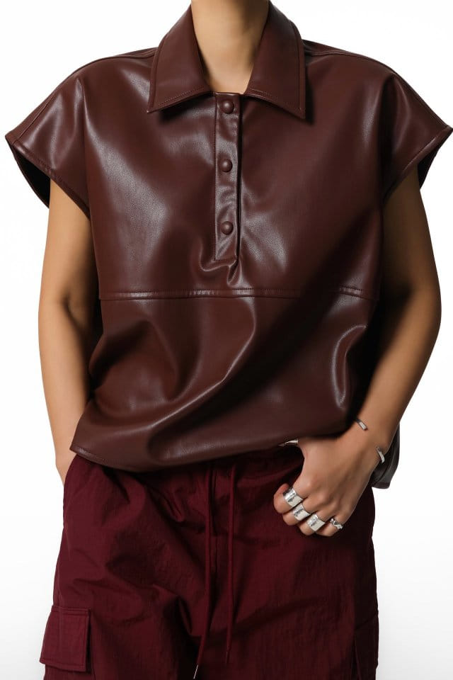 Paper Moon - Korean Women Fashion - #womensfashion - Vegan Leather Snap Button Detail Cropped Polo Collar Shirt - 9