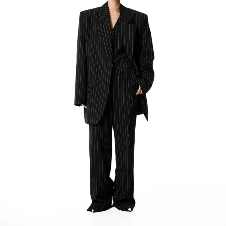 Paper Moon - Korean Women Fashion - #momslook - Wide Pin Stripe Set Up Suit Pleated Trousers - 4