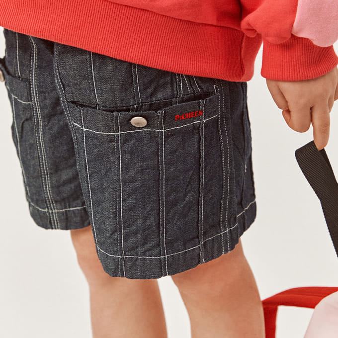 Peach-Cream - Korean Children Fashion - #childofig - Stitch Denim Half Pants