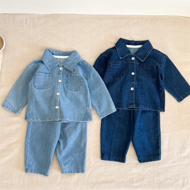 Reve Kid - Korean Baby Fashion - #babyboutique - Bebe Denim Top Bottom Set  - 3