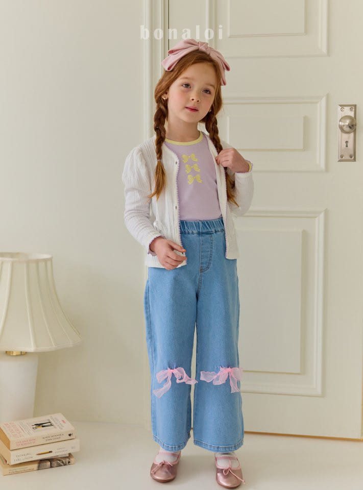 Bonaloi - Korean Children Fashion - #kidsstore - Yellow Ribbon Denim Pants - 5