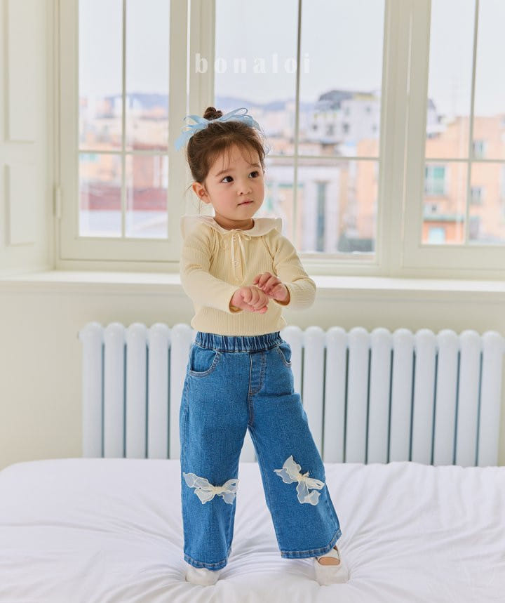 Bonaloi - Korean Children Fashion - #kidzfashiontrend - Yellow Ribbon Denim Pants - 6
