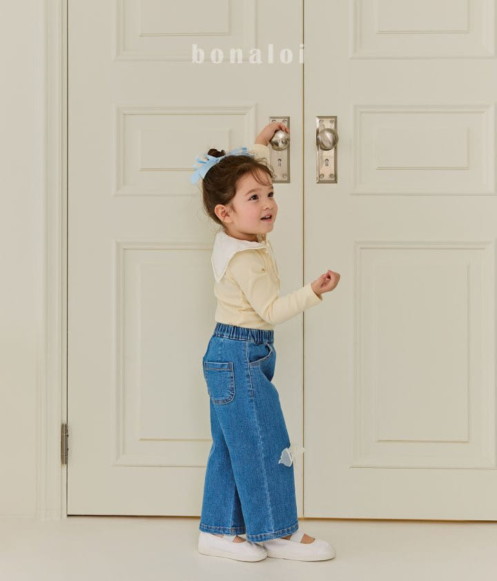 Bonaloi - Korean Children Fashion - #littlefashionista - Yellow Ribbon Denim Pants - 8
