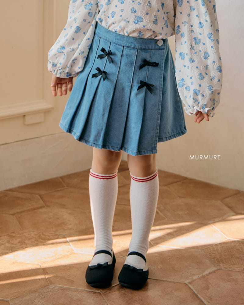 Murmure - Korean Children Fashion - #kidsstore - Ribbon Denim Wrinkle Skirt - 6