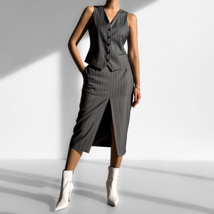 Paper Moon - Korean Women Fashion - #womensfashion - Wide Pin Stripe Set Up Suit Pencil Midi Skirt - 11