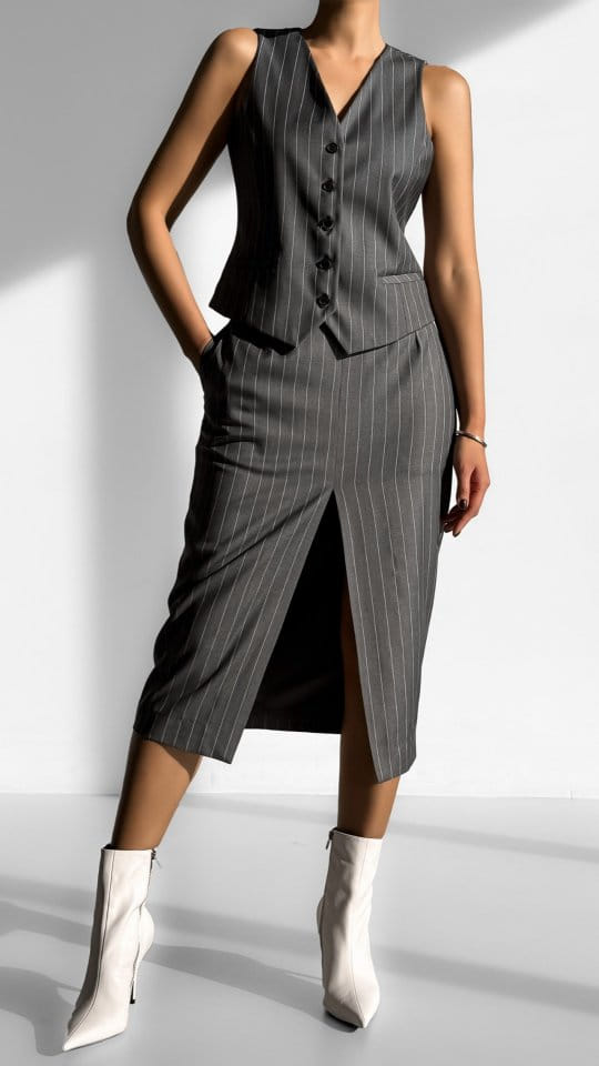 Paper Moon - Korean Women Fashion - #womensfashion - Wide Pin Stripe Set Up Suit Pencil Midi Skirt - 9