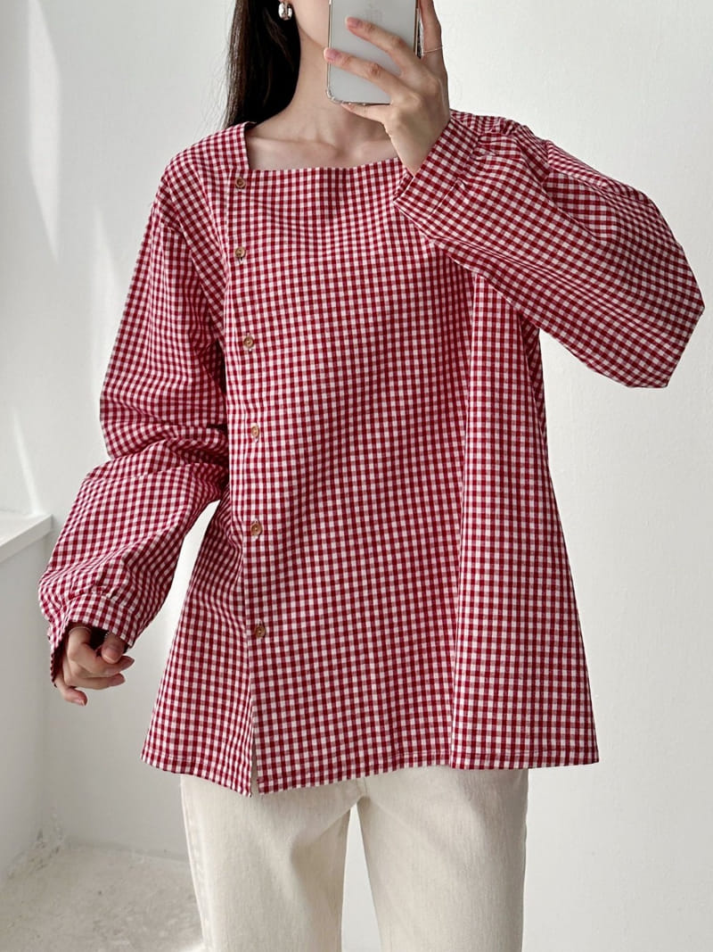 Theggllim - Korean Women Fashion - #momslook - Check Square Blouse - 10