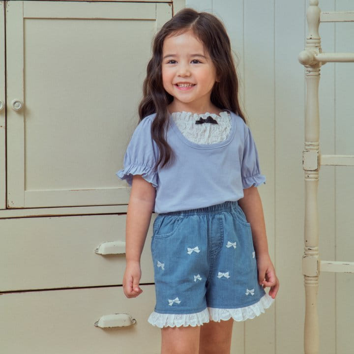 1St Blue - Korean Children Fashion - #magicofchildhood - Ribbon Lace Denim Pants - 3