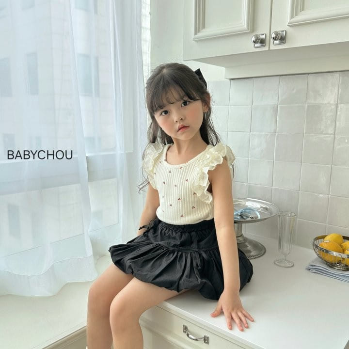 Babychou - Korean Children Fashion - #toddlerclothing - Cherry Frill Sleeveless Tee - 4