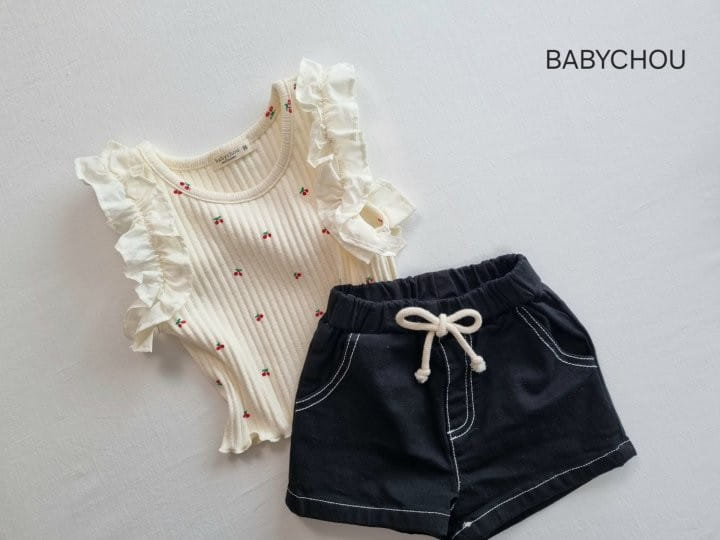 Babychou - Korean Children Fashion - #toddlerclothing - Cherry Frill Sleeveless Tee - 3