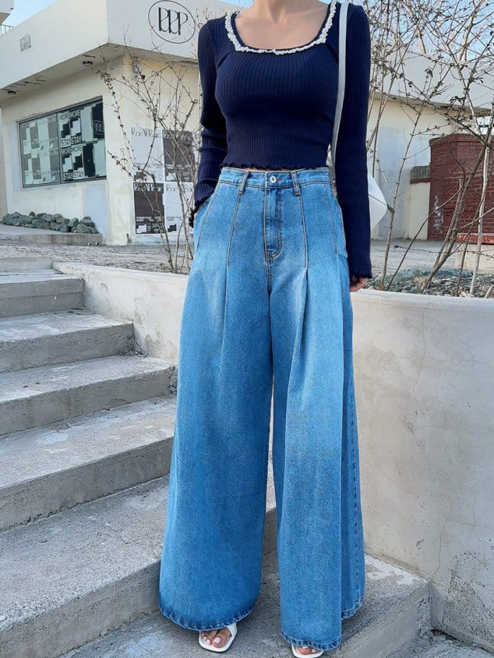 Garden - Korean Women Fashion - #momslook - Wide Two Tuck Denim Pants - 5