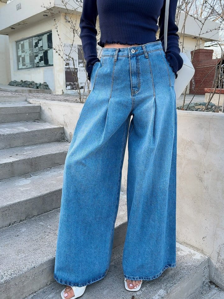 Garden - Korean Women Fashion - #womensfashion - Wide Two Tuck Denim Pants - 2