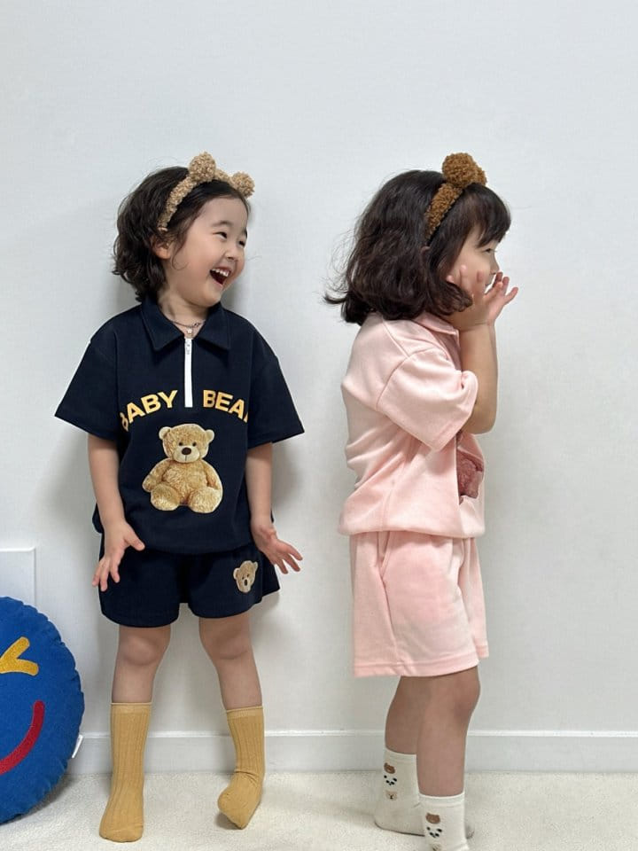 Little Rabbit - Korean Children Fashion - #prettylittlegirls - Collar Bear Top Bottom Set - 2