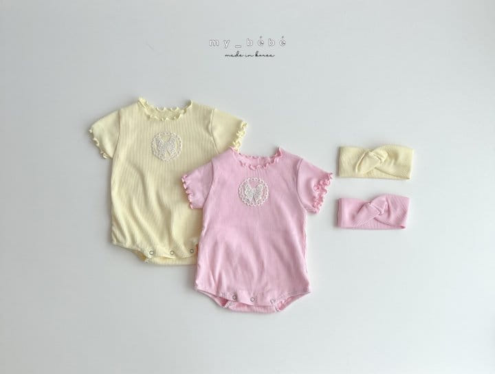 My Bebe - Korean Baby Fashion - #babyfashion - Lace Rib Body Suit With Hair Band - 5