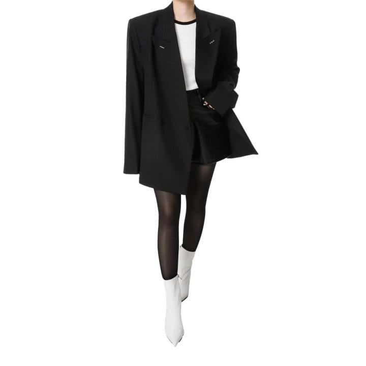 Paper Moon - Korean Women Fashion - #momslook - Bi Color Stitch Point Peaked Lapel Tuxedo Blazer  - 3