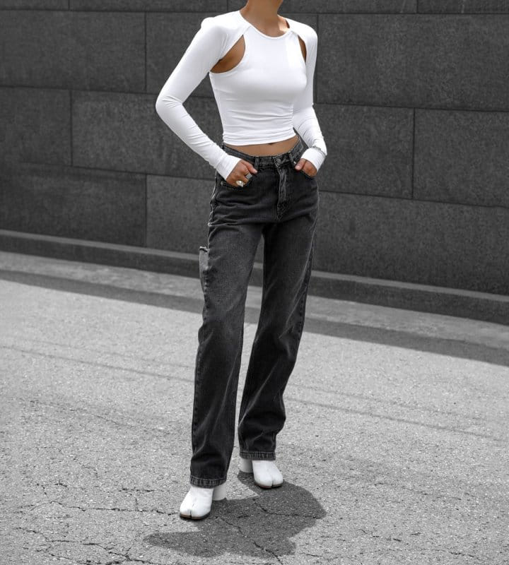 Paper Moon - Korean Women Fashion - #womensfashion - Back Split Detail Washed Black Straight Denim Jeans - 4