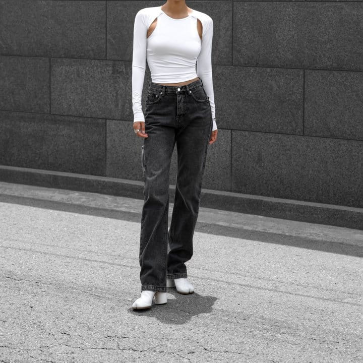 Paper Moon - Korean Women Fashion - #womensfashion - Back Split Detail Washed Black Straight Denim Jeans - 3