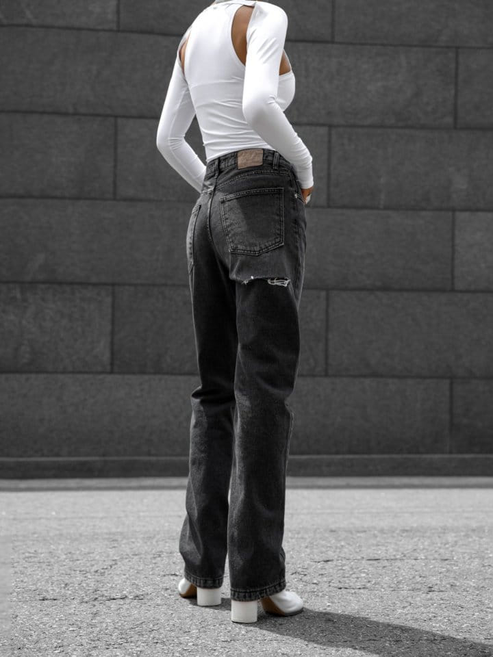 Paper Moon - Korean Women Fashion - #womensfashion - Back Split Detail Washed Black Straight Denim Jeans - 9