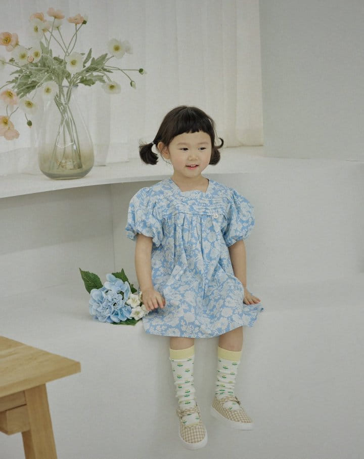Bienvenu - Korean Children Fashion - #childofig - Balloon Blue Flower One-Piece - 8