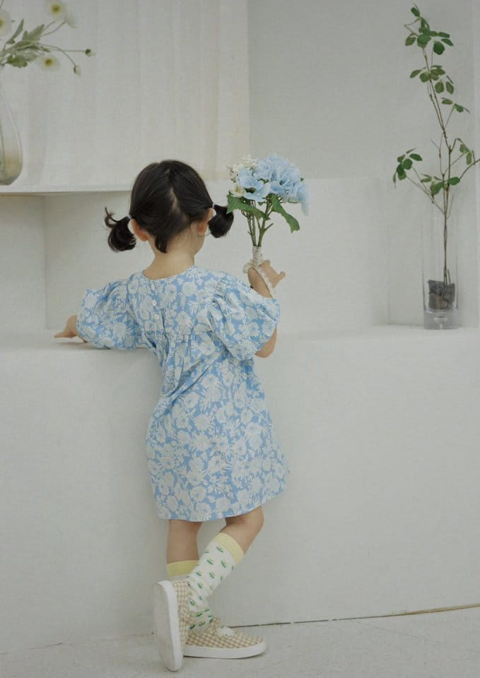 Bienvenu - Korean Children Fashion - #magicofchildhood - Balloon Blue Flower One-Piece - 2
