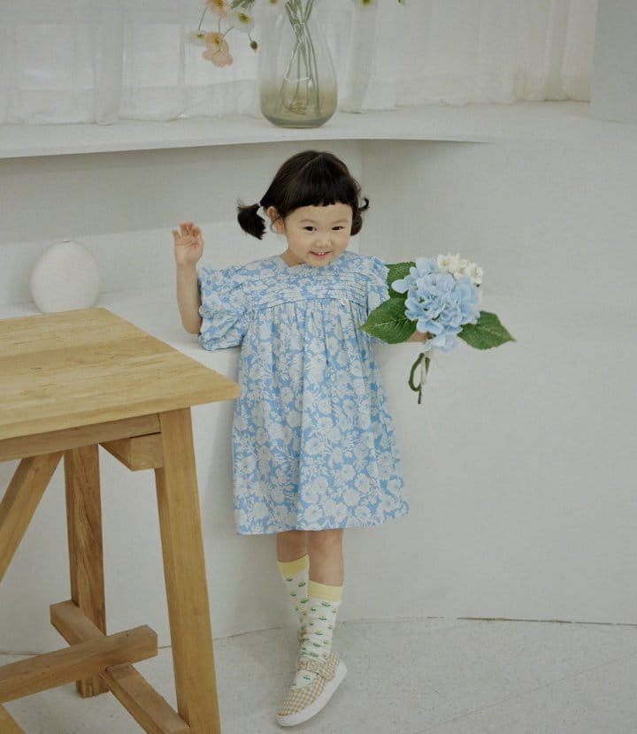 Bienvenu - Korean Children Fashion - #minifashionista - Balloon Blue Flower One-Piece - 4