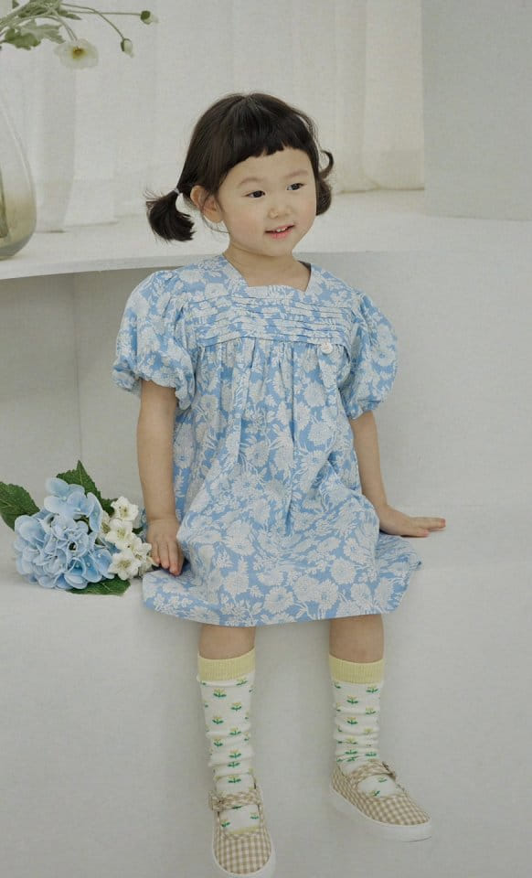 Bienvenu - Korean Children Fashion - #stylishchildhood - Balloon Blue Flower One-Piece - 7