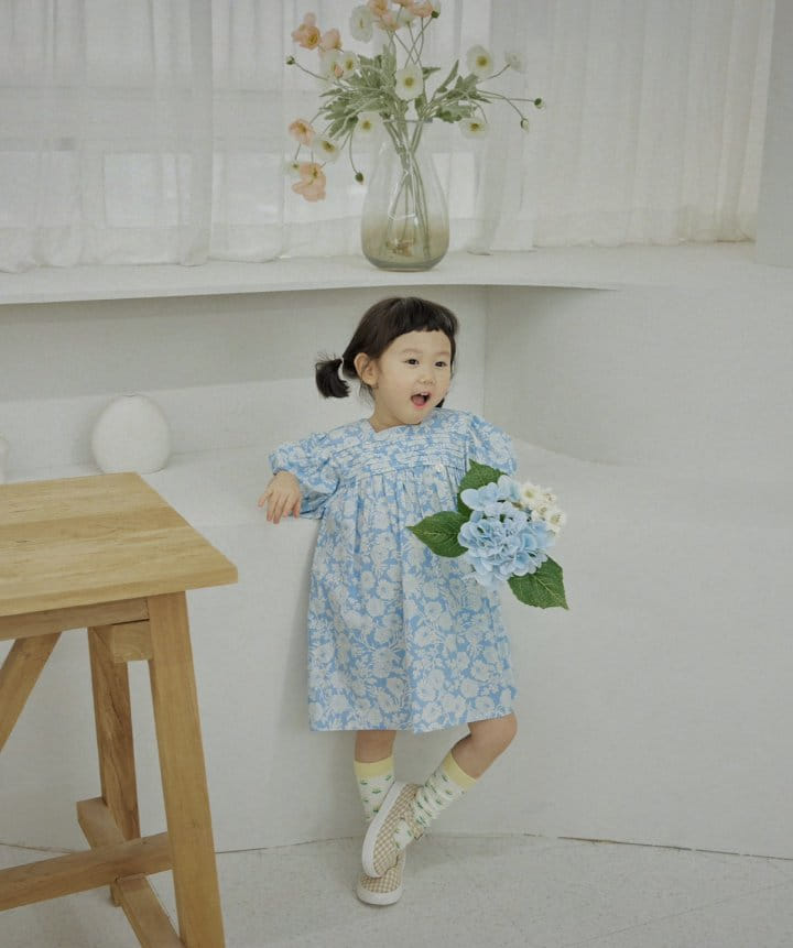 Bienvenu - Korean Children Fashion - #todddlerfashion - Balloon Blue Flower One-Piece - 5