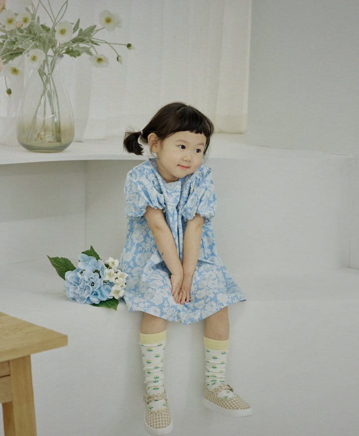 Bienvenu - Korean Children Fashion - #toddlerclothing - Balloon Blue Flower One-Piece - 6