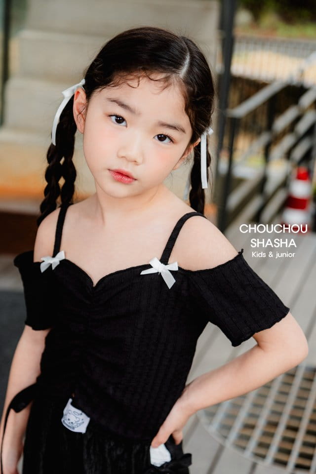 Chouchou Shasha - Korean Children Fashion - #childrensboutique - Ribbon Off Shoulder Tee