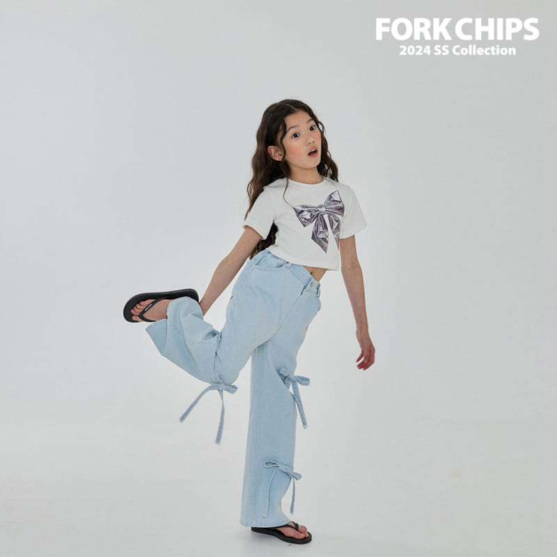 Fork Chips - Korean Children Fashion - #toddlerclothing - Barbi Ribbon Denim Pants - 4