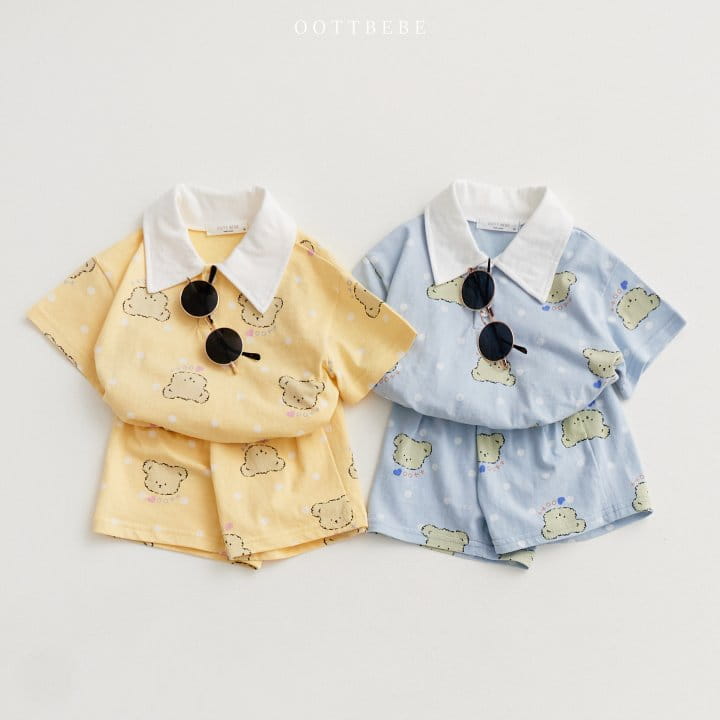 Oott Bebe - Korean Children Fashion - #minifashionista - Dot Bear Collar Top Bottom Set