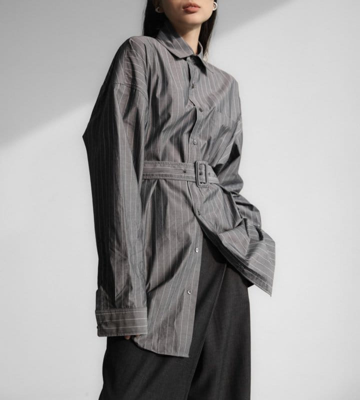 Paper Moon - Korean Women Fashion - #momslook - Striped Pattern Belted Button Down Shirt - 3
