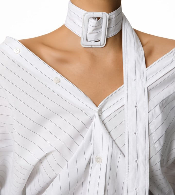 Paper Moon - Korean Women Fashion - #momslook - Striped Pattern Belted Button Down Shirt - 5