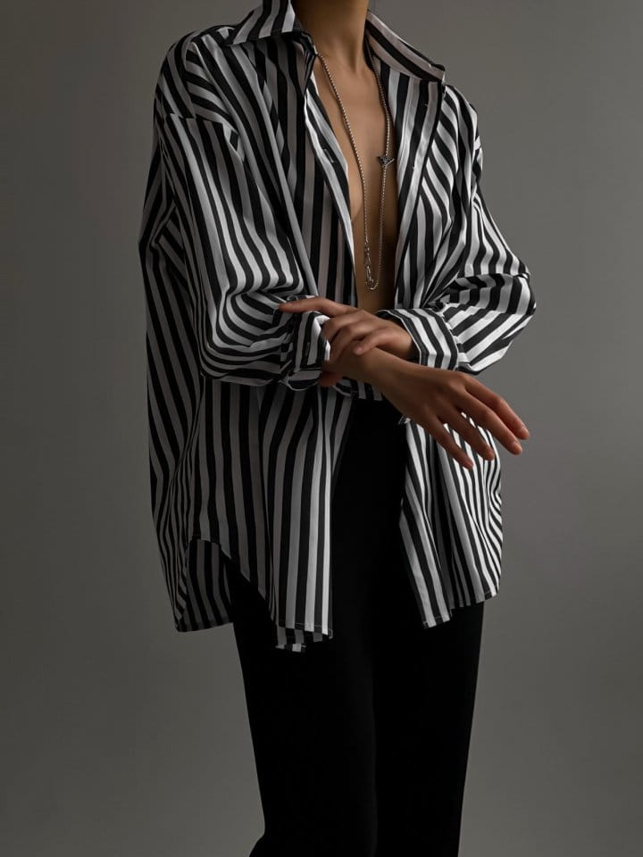 Paper Moon - Korean Women Fashion - #momslook - Striped Pattern Oversized Button Down Shirt - 10